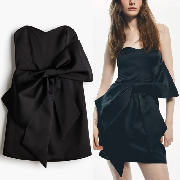 H&M Dresses & Skirts - H&M NWT black satin bow front strapless tube top mini dress